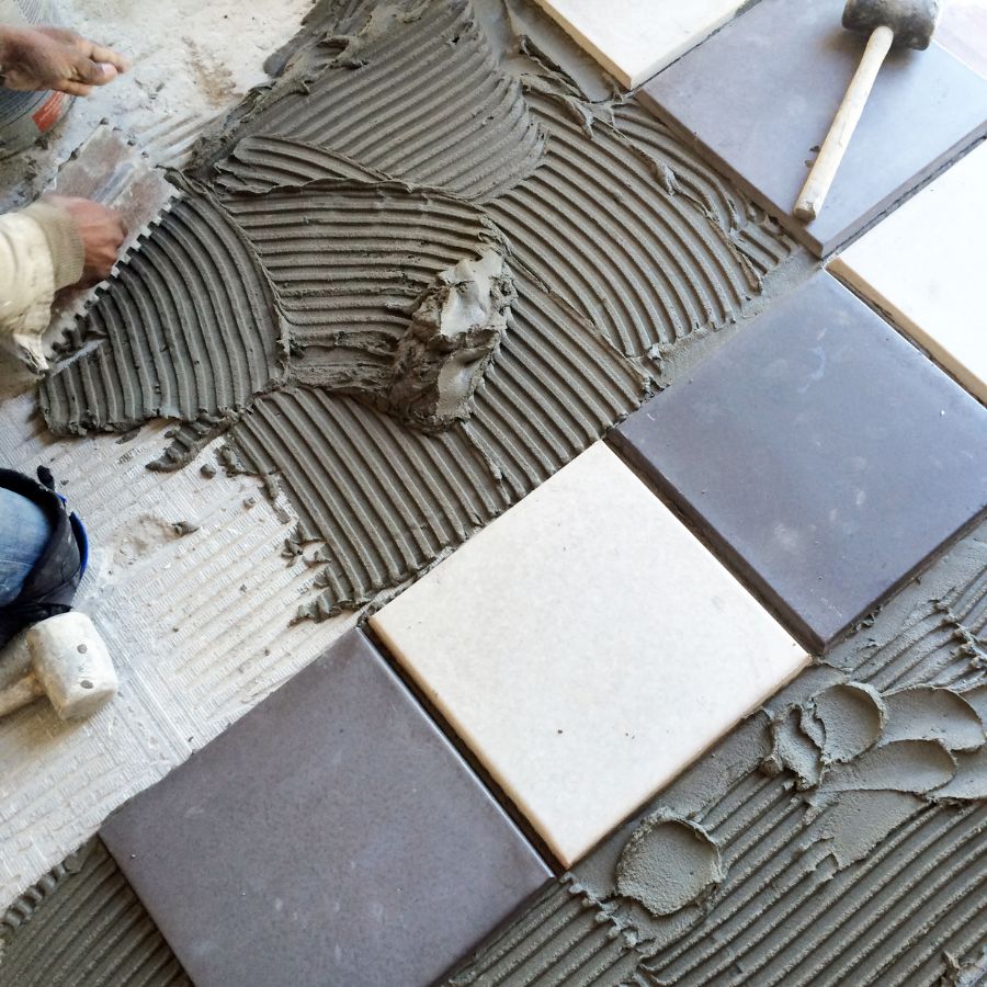 close-up of grouted porcelain floor tiles